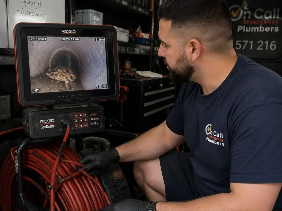 Plumber inspecting a sewer CCTV camera monitor, Parkdale