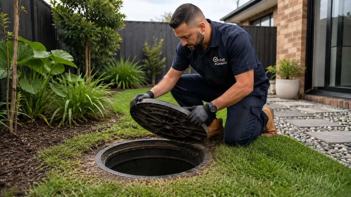 Plumber inspecting an outdoor drain access point, Parkdale