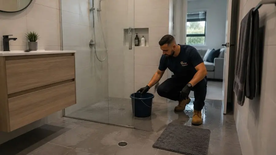 Plumber assessing water at a bathroom floor drain, Parkdale