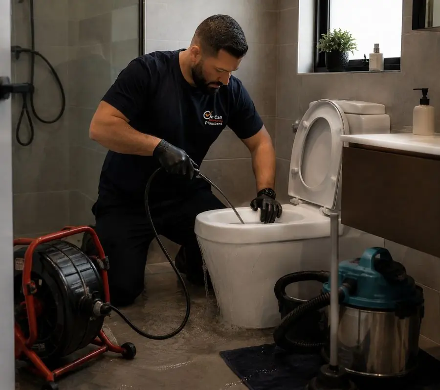 Plumber clearing a toilet blockage, Parkdale