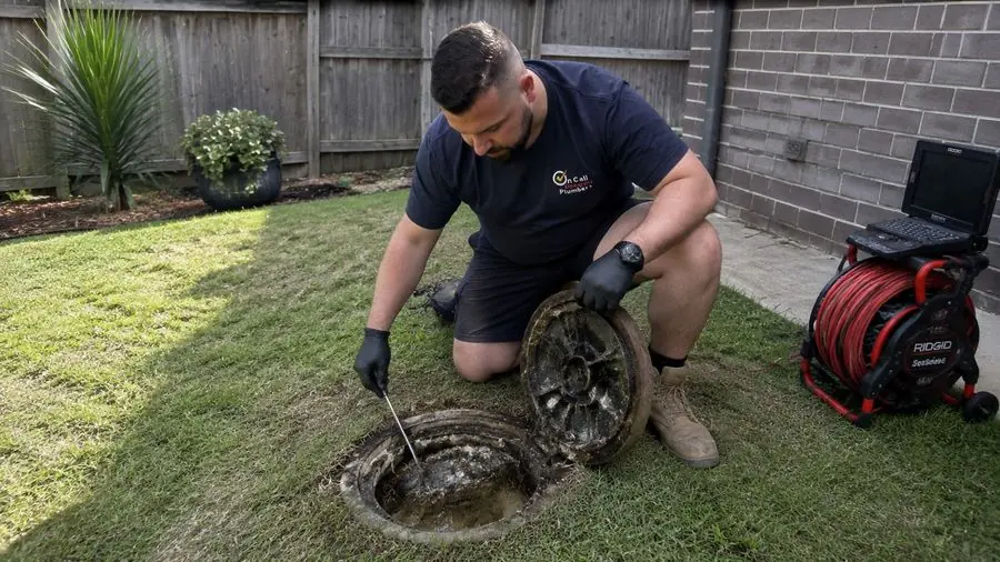 Plumber inspecting a sewer access point, Parkdale