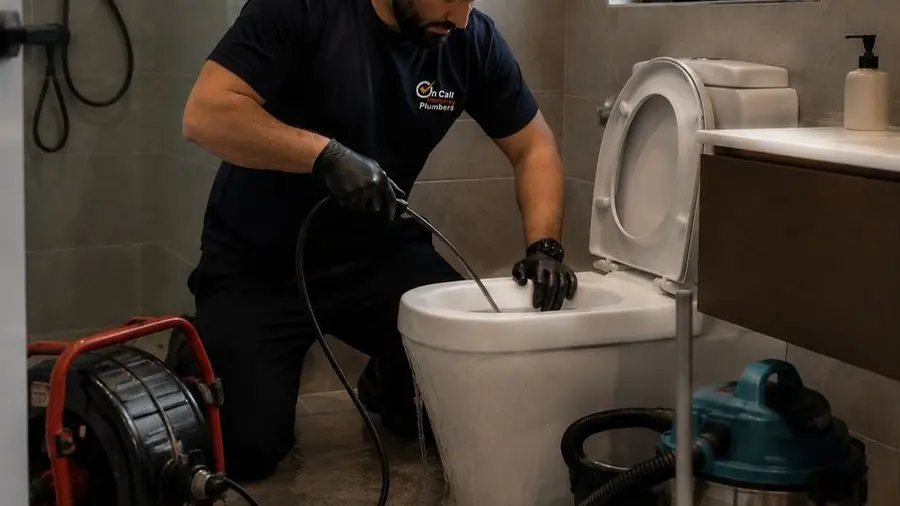 Plumber clearing a toilet blockage, Parkdale