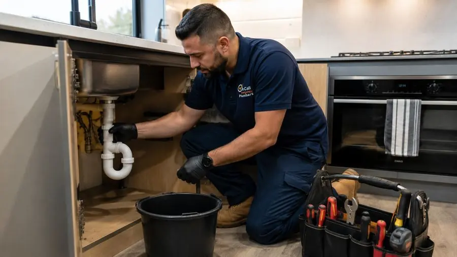 Plumber inspecting a kitchen waste pipe, Parkdale