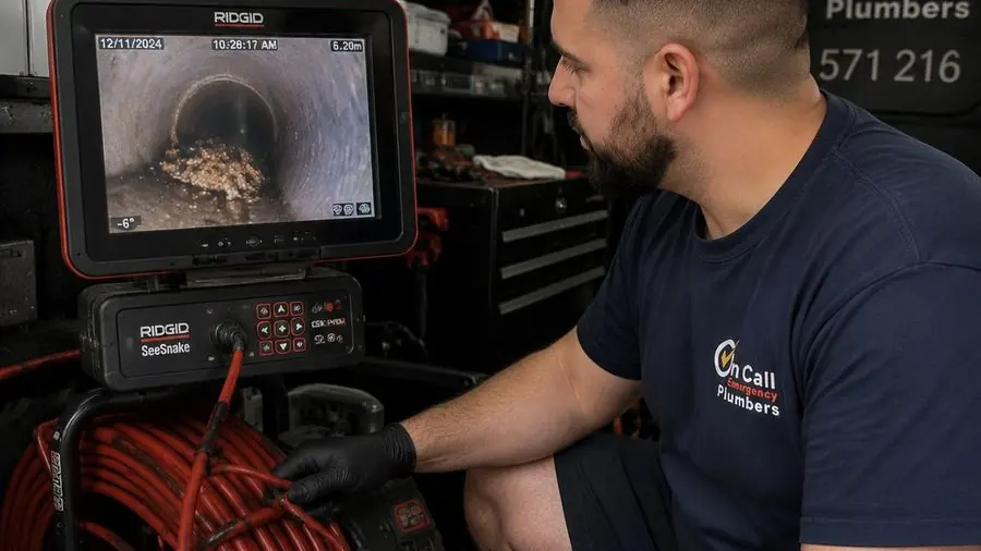 Plumber inspecting a sewer CCTV camera monitor, Parkdale